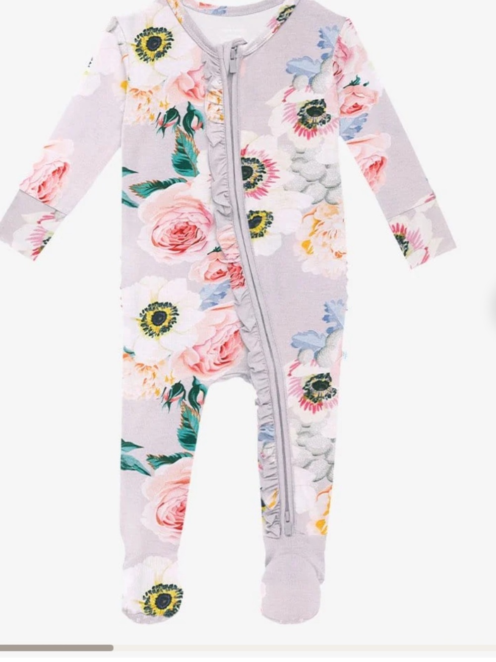 Posh Peanut Light Lavender Floral Ruffled Zip Footie